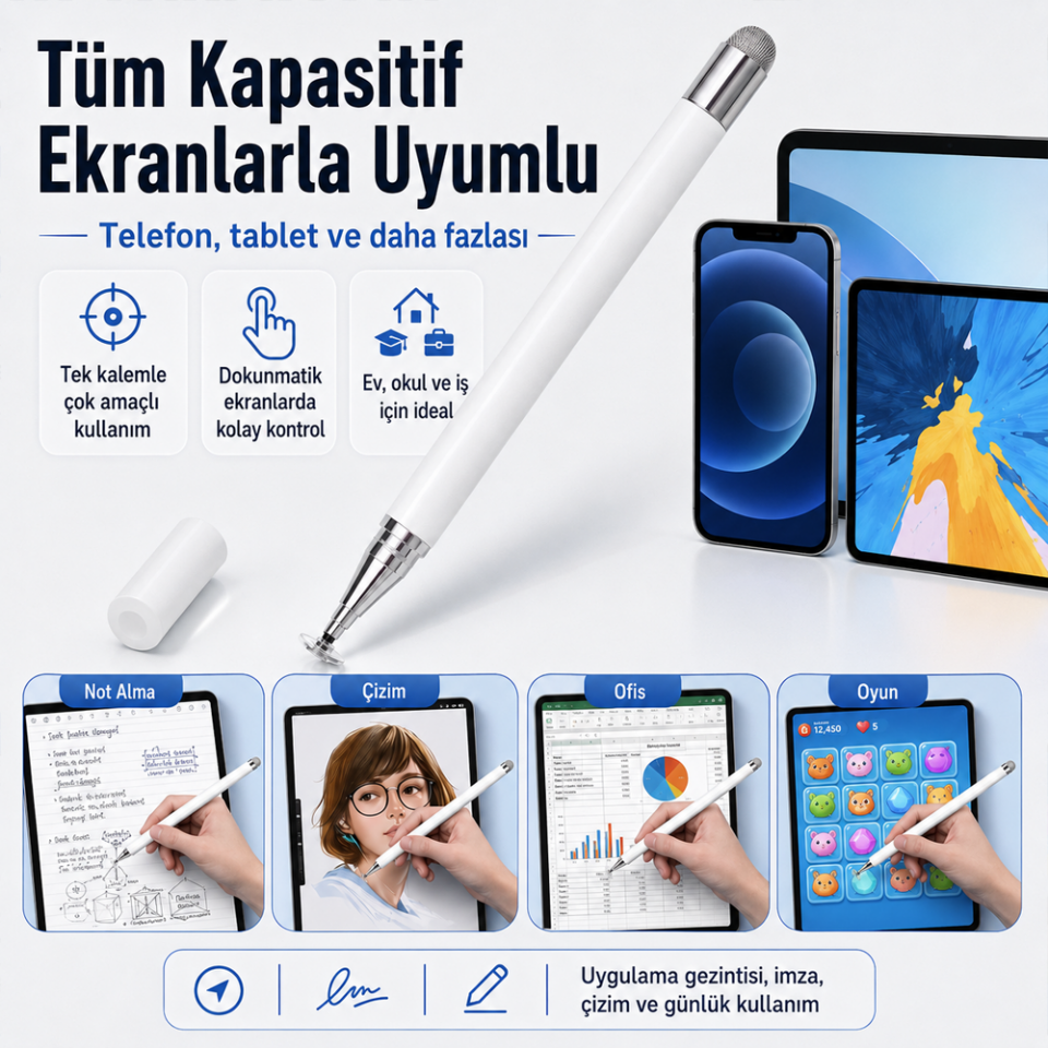 Samsung Galaxy Tab A9+ Plus X210 İle Uyumlu Çift Uçlu Dokunmatik Kalem Disk Fiber Uç