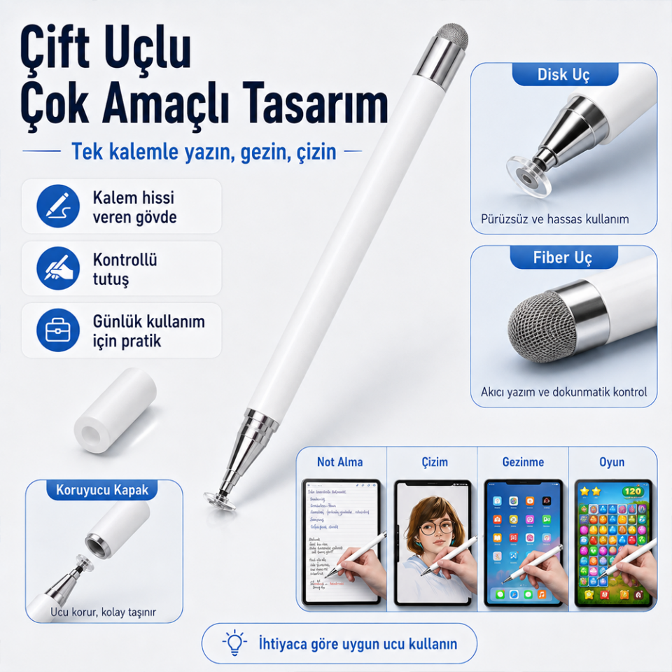 Samsung Galaxy Tab A9+ Plus X210 İle Uyumlu Çift Uçlu Dokunmatik Kalem Disk Fiber Uç