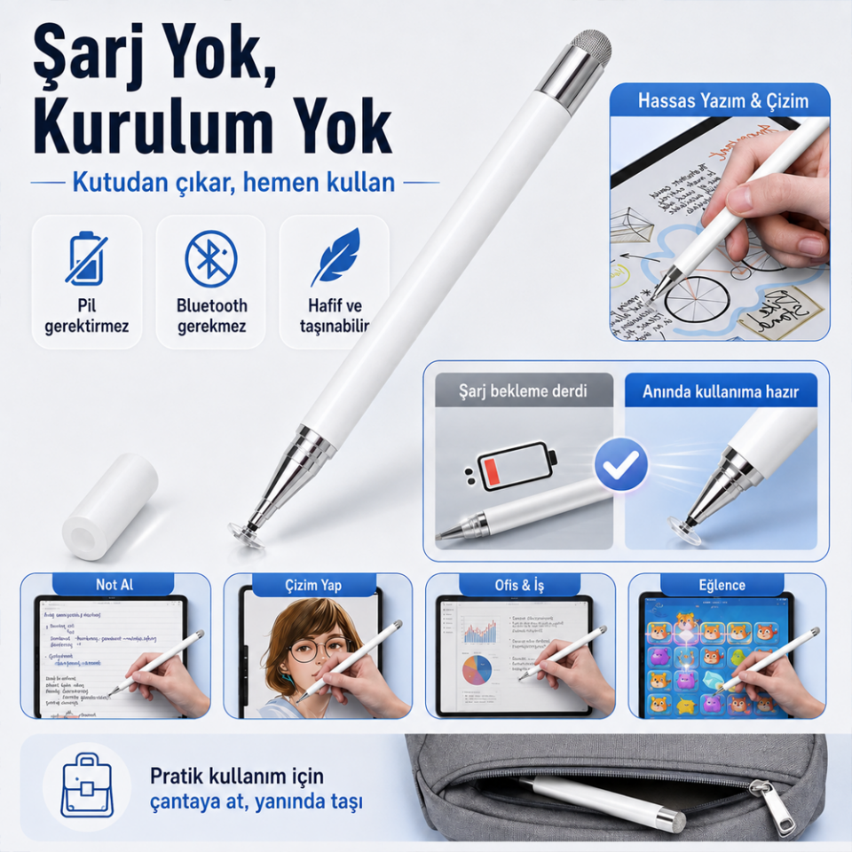 Samsung Galaxy Tab A11+ Plus X230 İle Uyumlu Çift Uçlu Dokunmatik Kalem Disk Fiber Uç