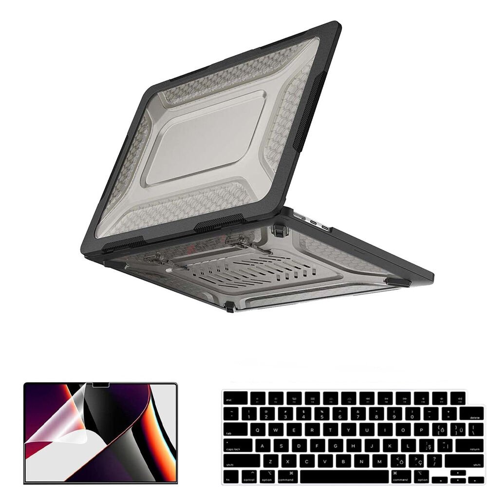MacBook Air 13.6 İnç Kılıf M3-M2 / A3113-A2681 Zırh Özellikli Dayanıklı Koruyucu Sert Kılıf Siyah Set-1