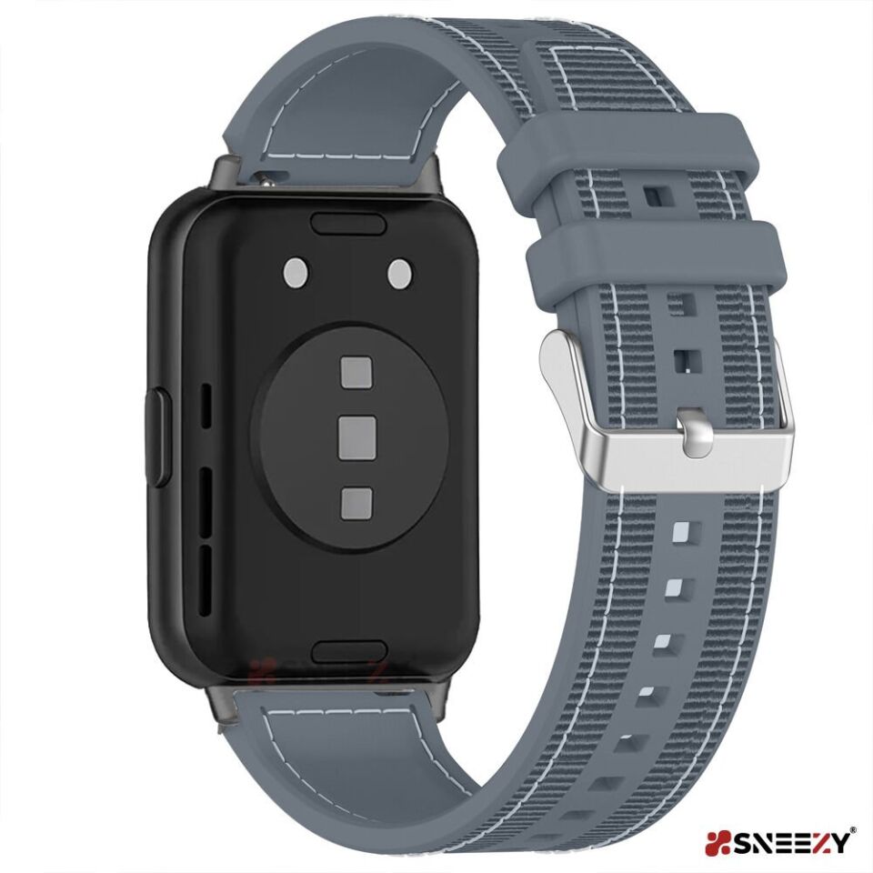 Sneezy Huawei Watch Fit 2 İle Uyumlu Dikiş Desenli Dokuma Silikon Kordon Gri
