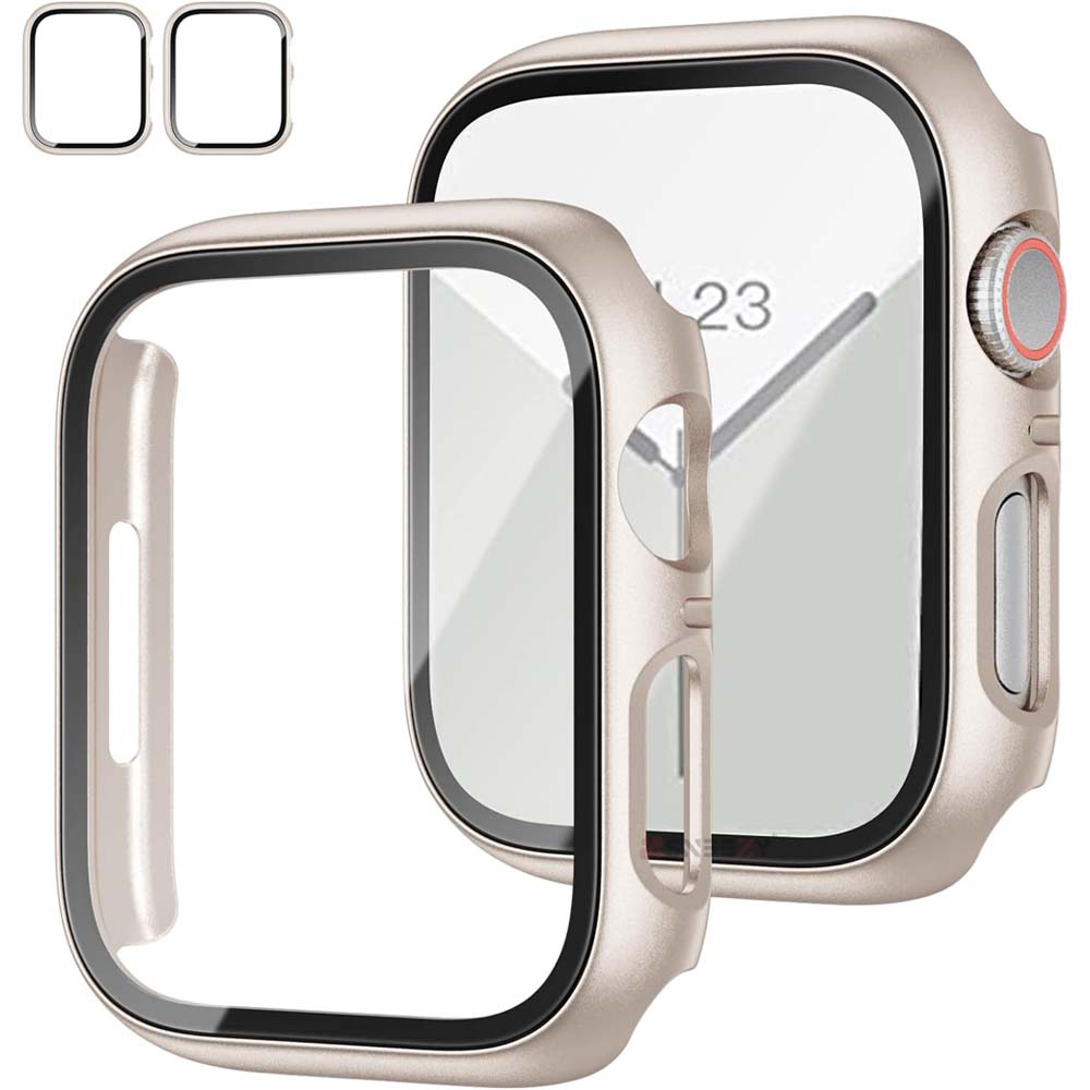 Apple Watch 45MM 7-8-9 SE Seri Uyumlu Starlight 360 Derece Koruma ve Temperli Cam Ekran Koruyucu Starlight