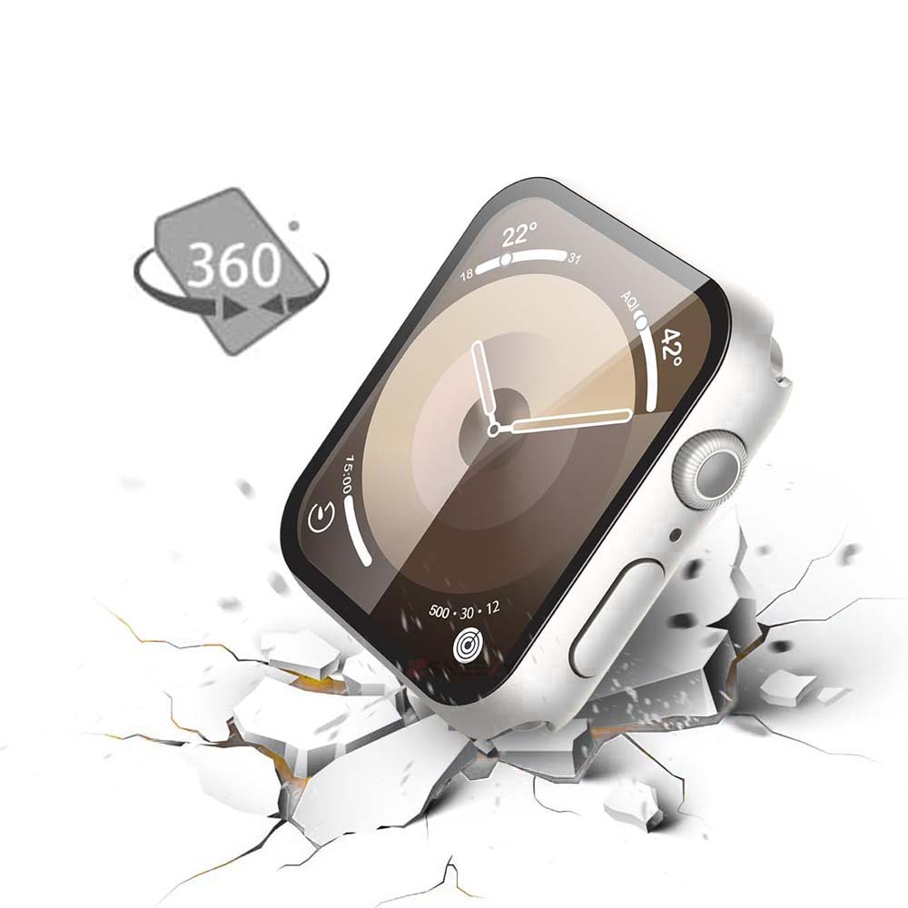 Apple Watch 45MM 7-8-9 SE Seri Uyumlu Starlight 360 Derece Koruma ve Temperli Cam Ekran Koruyucu Gümüş