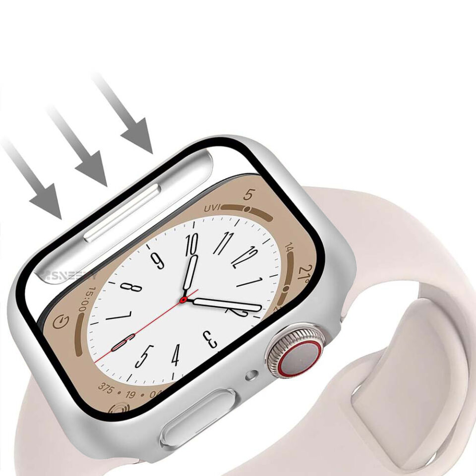 Apple Watch 45MM 7-8-9 SE Seri Uyumlu Starlight 360 Derece Koruma ve Temperli Cam Ekran Koruyucu Gümüş