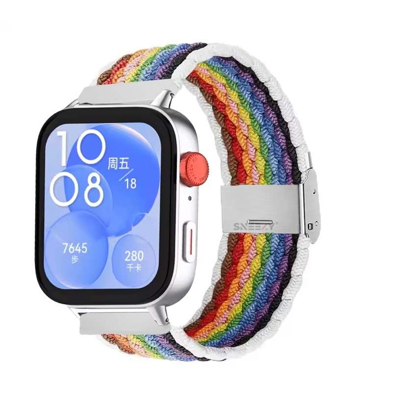 Huawei Watch Fit 3 İle Uyumlu Metal Klips Solo Fiberlink Örgü Kordon Beyaz Gökkuşağı