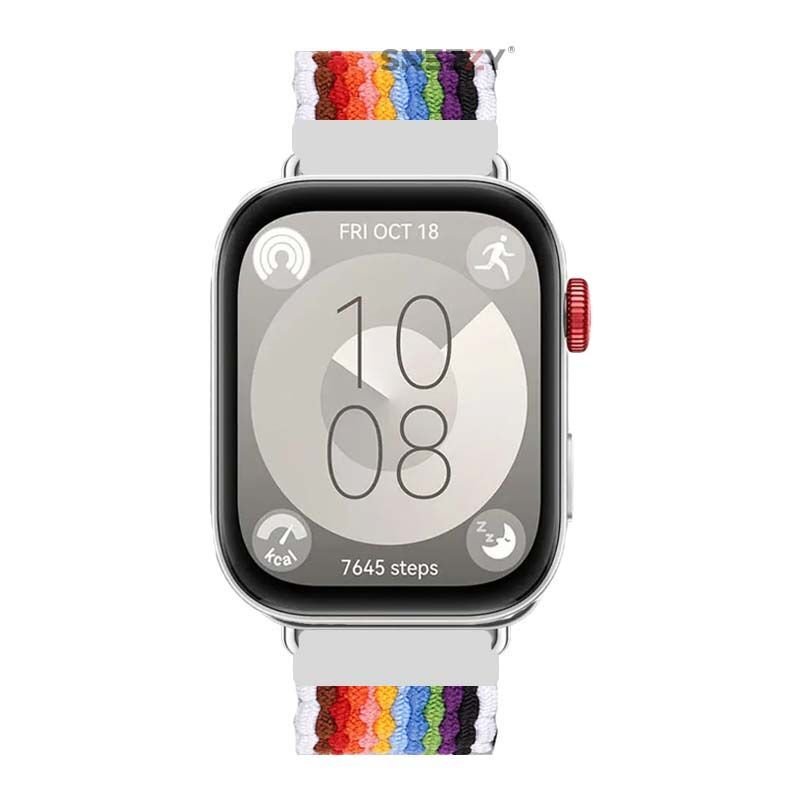 Huawei Watch Fit 3 İle Uyumlu Metal Klips Solo Fiberlink Örgü Kordon Beyaz Gökkuşağı