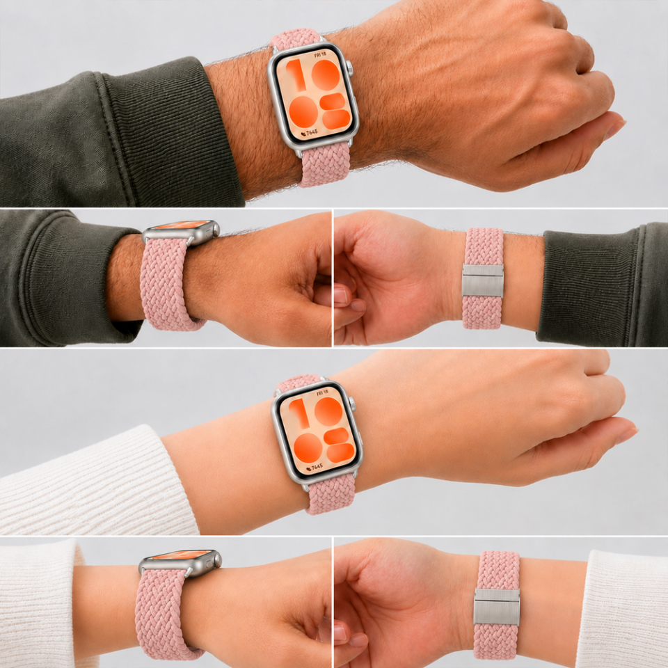 Huawei Watch Fit 5 İle Uyumlu Metal Klipsli Solo Fiberlink Yumuşak Kumaş Örgü Kordon Pembe