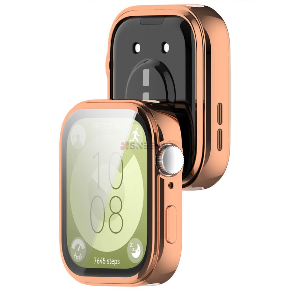Huawei Watch Fit 3 Uyumlu Yumuşak Silikon 360 Tam Koruma Kasa ve Ekran Koruyucu Rosegold