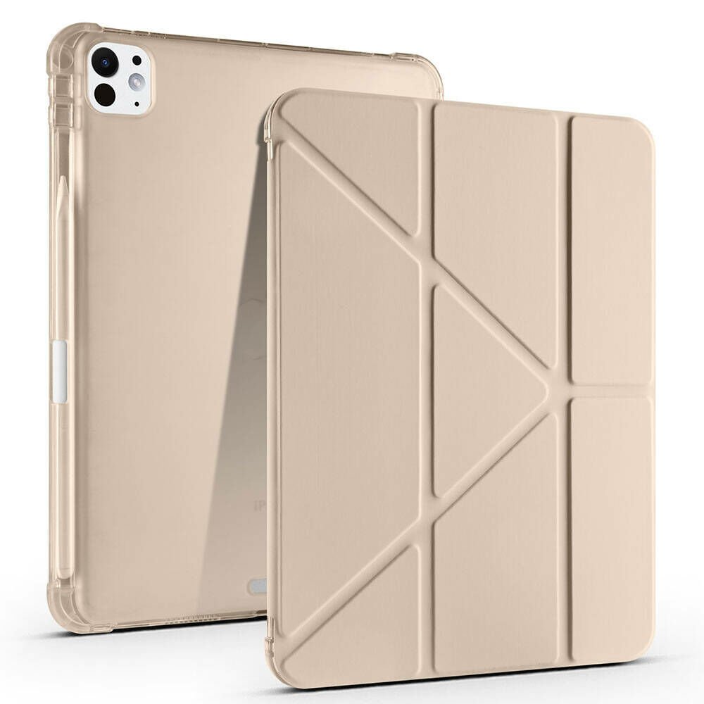 iPad Pro 11 inç M4 2024 Uyumlu Kılıf Üçgen Katlanabilir Kalem Şarj Bölmeli Kılıf A2836 A2837 A3006 Gold