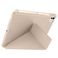 iPad Pro 11 inç M4 2024 Uyumlu Kılıf Üçgen Katlanabilir Kalem Şarj Bölmeli Kılıf A2836 A2837 A3006 Gold