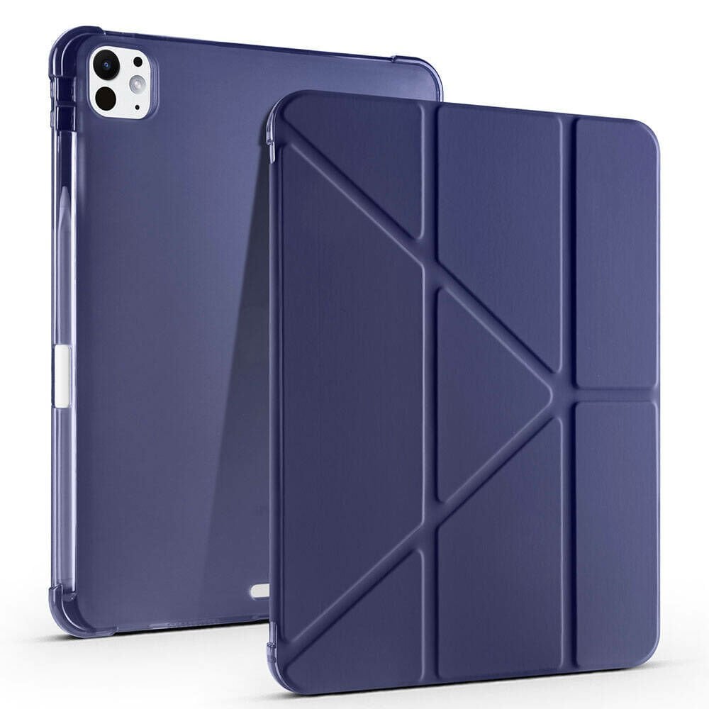 iPad Pro 11 inç M4 2024 Uyumlu Kılıf Üçgen Katlanabilir Kalem Şarj Bölmeli Kılıf A2836 A2837 A3006 Lacivert
