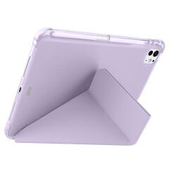 iPad Pro 11 inç M4 2024 Uyumlu Kılıf Üçgen Katlanabilir Kalem Şarj Bölmeli Kılıf A2836 A2837 A3006 Lila