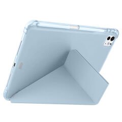 iPad Pro 11 inç M4 2024 Uyumlu Kılıf Üçgen Katlanabilir Kalem Şarj Bölmeli Kılıf A2836 A2837 A3006 Mavi