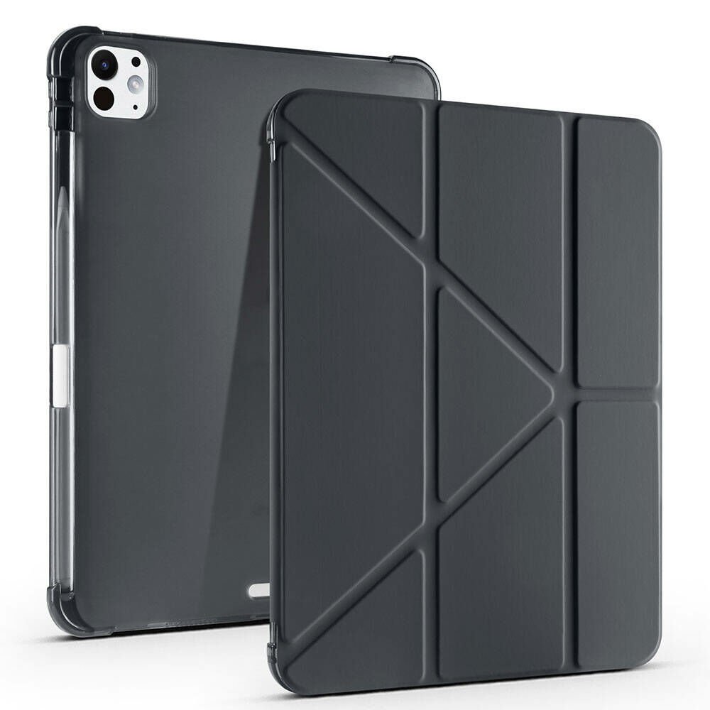 iPad Pro 11 inç M4 2024 Uyumlu Kılıf Üçgen Katlanabilir Kalem Şarj Bölmeli Kılıf A2836 A2837 A3006 Siyah