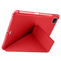 Apple iPad Pro 11 inç 2.Nesil 2020 Uyumlu Kılıf Üçgen Katlanabilir Kalem Şarj Bölmeli Kılıf Kırmızı