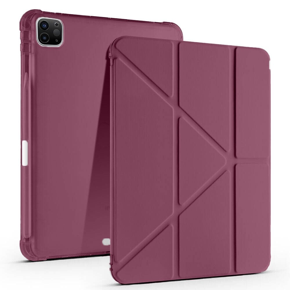 Apple iPad Pro 11 inç 2.Nesil 2020 Uyumlu Kılıf Üçgen Katlanabilir Kalem Şarj Bölmeli Kılıf Mürdüm