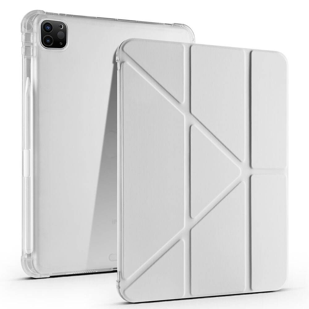 Apple iPad Pro 11 inç 3.Nesil M1 2021 Uyumlu Kılıf Üçgen Katlanabilir Kalem Şarj Bölmeli Kılıf Gri