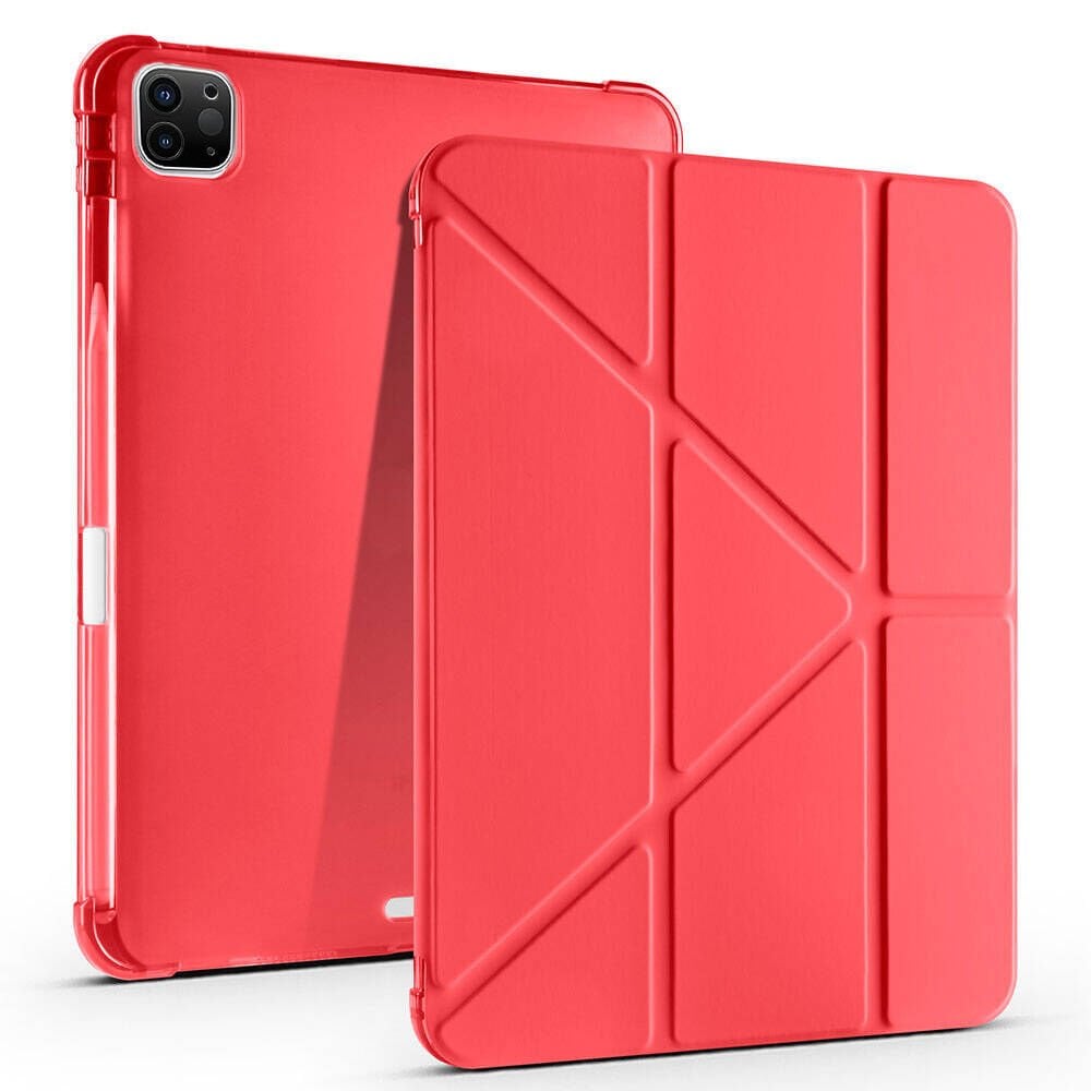 Apple iPad Pro 11 inç 3.Nesil M1 2021 Uyumlu Kılıf Üçgen Katlanabilir Kalem Şarj Bölmeli Kılıf Kırmızı