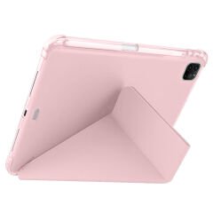 Apple iPad Pro 11 inç 3.Nesil M1 2021 Uyumlu Kılıf Üçgen Katlanabilir Kalem Şarj Bölmeli Kılıf Pembe
