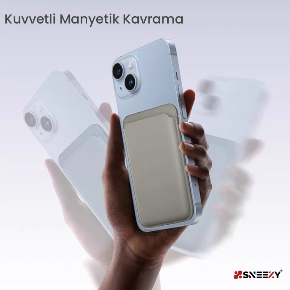 Sneezy İphone 17-17 Air -17Pro-17 Pro max Uyumlu Birinci Sınıf Magsafe Cüzdan Magsafe Deri Kartlık Gri