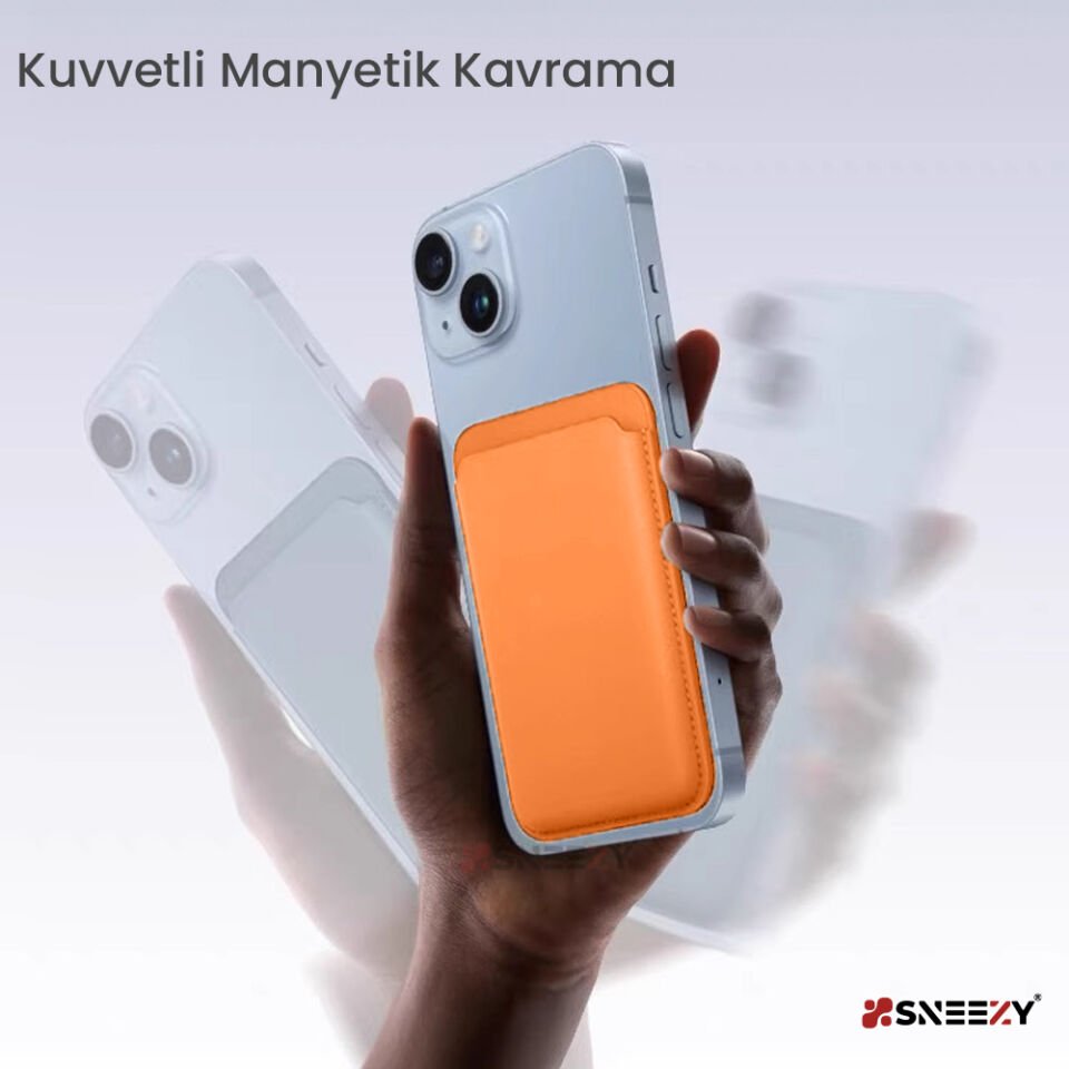 Sneezy İphone 17-17 Air -17Pro-17 Pro max Uyumlu Birinci Sınıf Magsafe Cüzdan Magsafe Deri Kartlık Turuncu